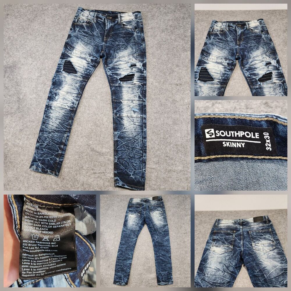 SouthPole‎ Mens 32x30 Blue Distressed Streetwear Skinny Denim Jeans Y2K VTG